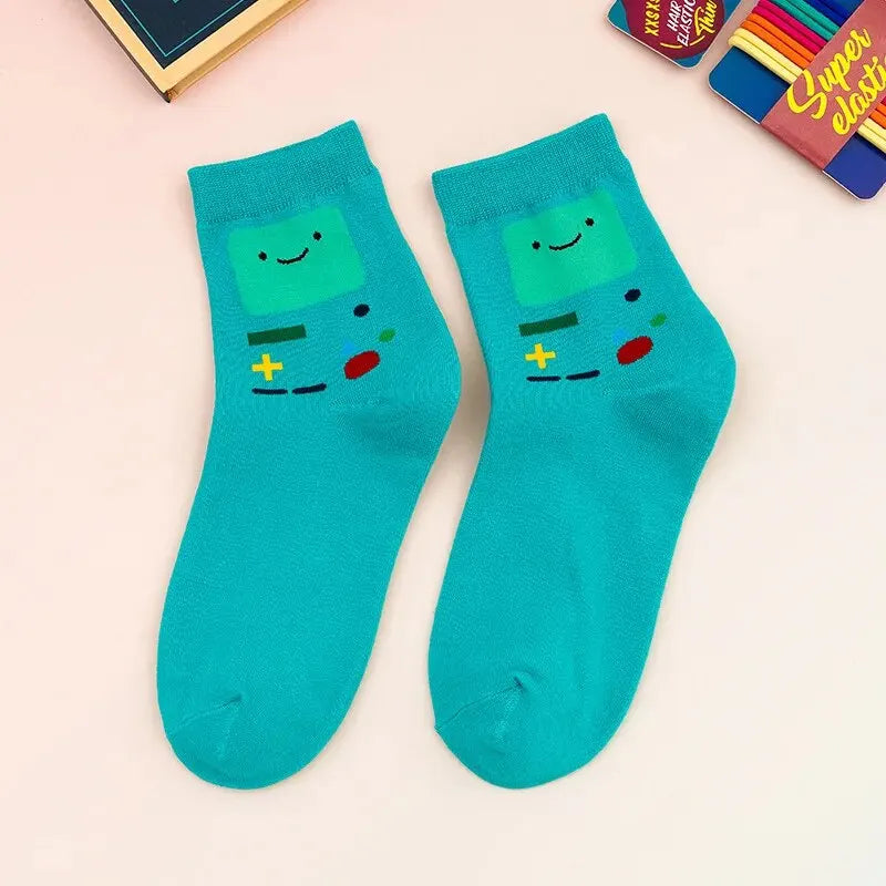 White / Blue Charming Cartoon Patterned Women's Socks - Dyno Pixels