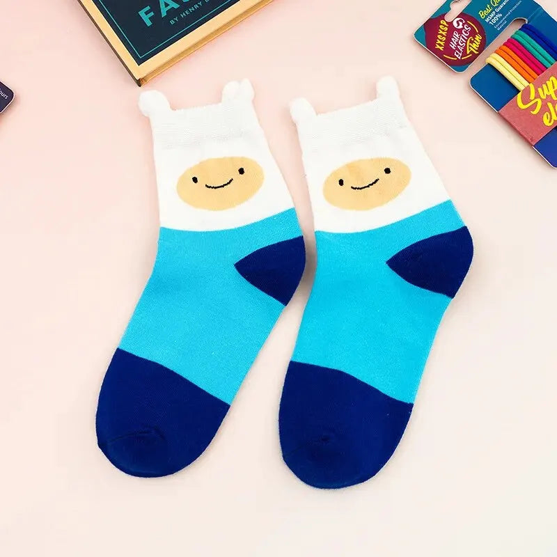 White / Blue Charming Cartoon Patterned Women's Socks - Dyno Pixels