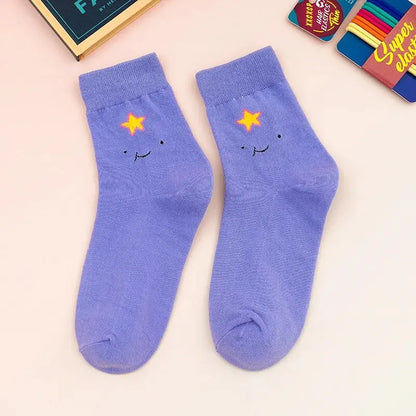 White / Blue Charming Cartoon Patterned Women's Socks - Dyno Pixels